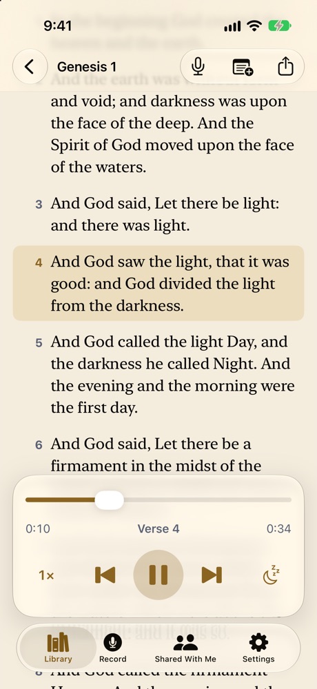 Genesis 1 playing in FaithVoice, with verse 4 highlighted as it is read