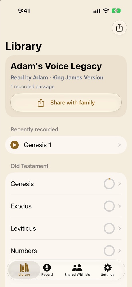 The FaithVoice library on iPhone, showing Adam's Voice Legacy with Genesis 1 recently recorded